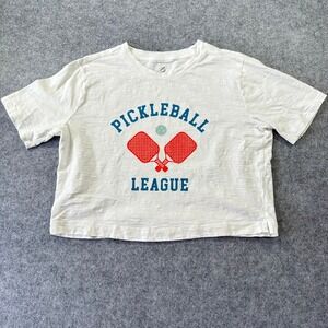 Lou & Grey Pickleball League Graphic T-Shirt White Cotton Slub Crop Top Casual